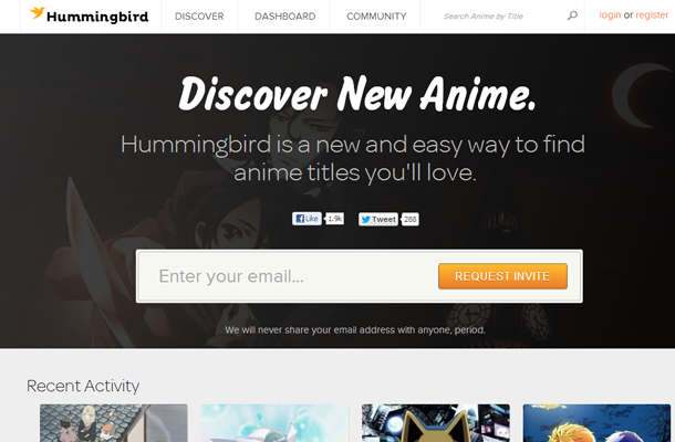 startup homepage hummingbird discover anime japanese video